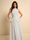 SHEIN Poéselle Women's Polka Dot Pattern Waist Cinched Sleeveless Top And Skirt Elegant 2 Pieces Set Party White With Black Polka Dots Summer