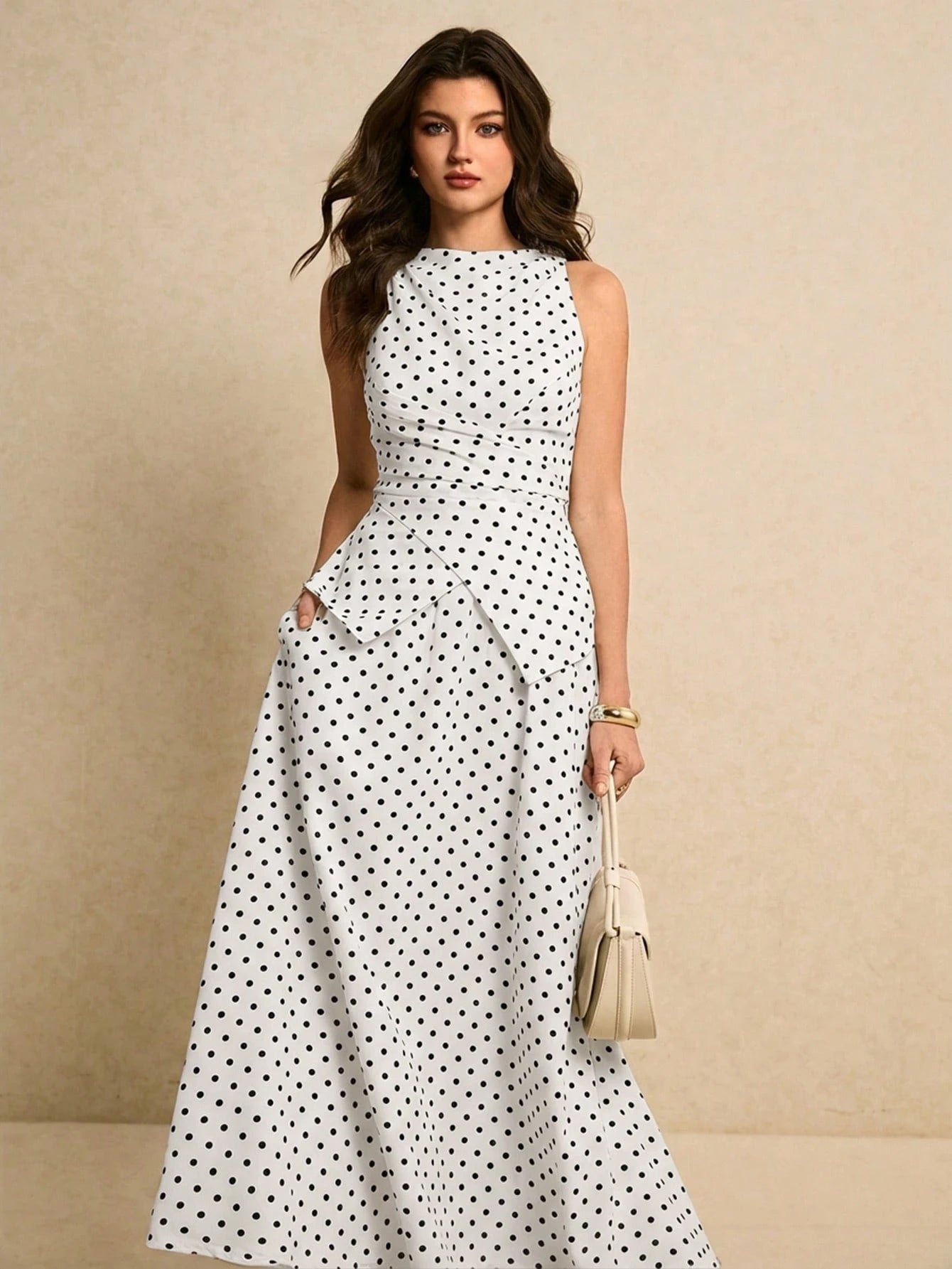 SHEIN Poéselle Women's Polka Dot Pattern Waist Cinched Sleeveless Top And Skirt Elegant 2 Pieces Set Party White With Black Polka Dots Summer