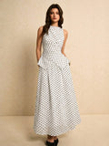 SHEIN Poéselle Women's Polka Dot Pattern Waist Cinched Sleeveless Top And Skirt Elegant 2 Pieces Set Party White With Black Polka Dots Summer