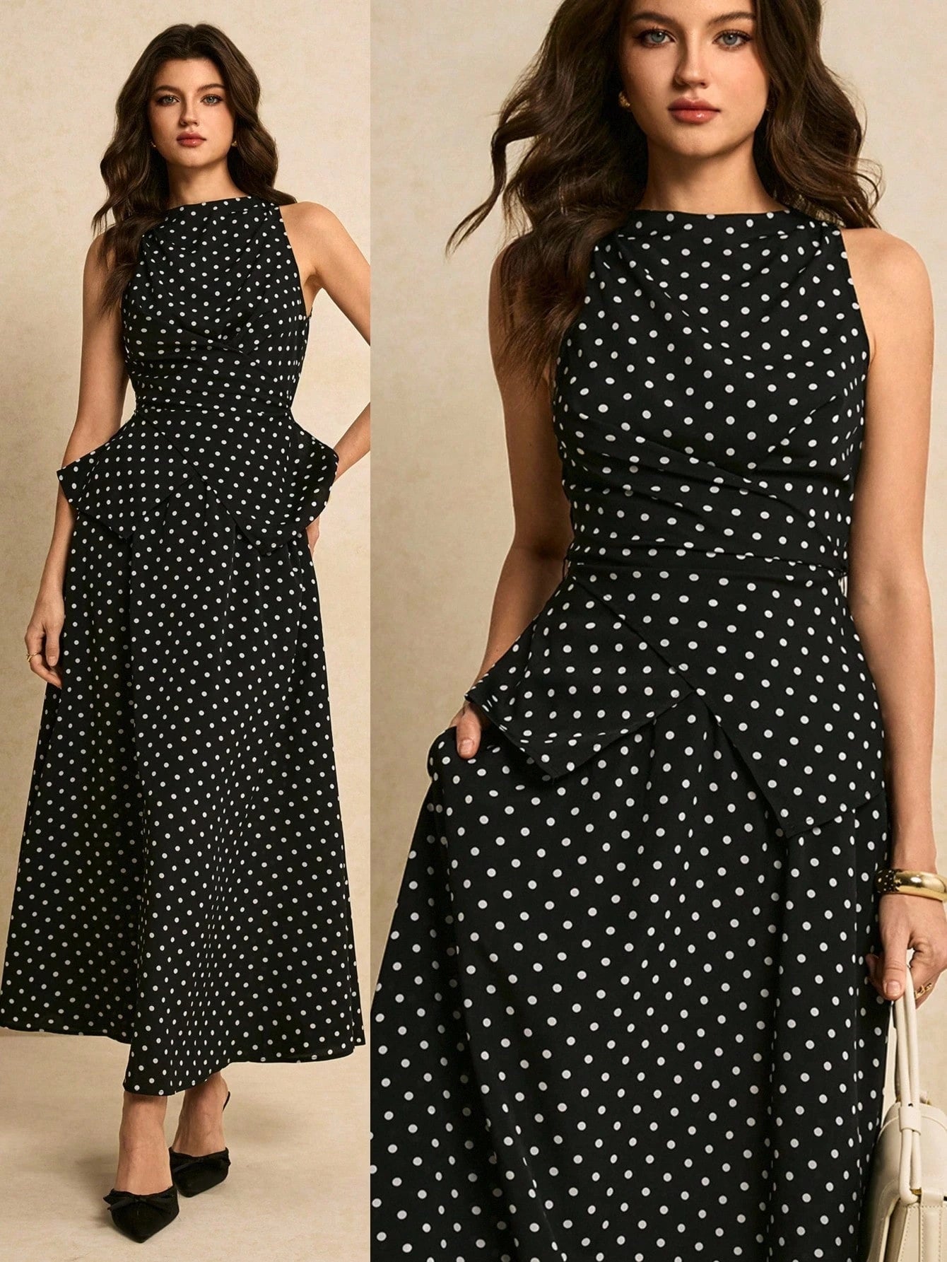 SHEIN Poéselle Women's Polka Dot Print Asymmetric Hem Sleeveless Top And Skirt Elegant 2 Pieces Set Spring Polkadot Two Pieces Black Date Night