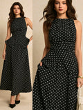 SHEIN Poéselle Women's Polka Dot Print Asymmetric Hem Sleeveless Top And Skirt Elegant 2 Pieces Set Spring Polkadot Two Pieces Black Date Night