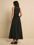 SHEIN Poéselle Women's Polka Dot Print Asymmetric Hem Sleeveless Top And Skirt Elegant 2 Pieces Set Spring Polkadot Two Pieces Black Date Night