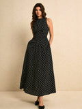 SHEIN Poéselle Women's Polka Dot Print Asymmetric Hem Sleeveless Top And Skirt Elegant 2 Pieces Set Spring Polkadot Two Pieces Black Date Night