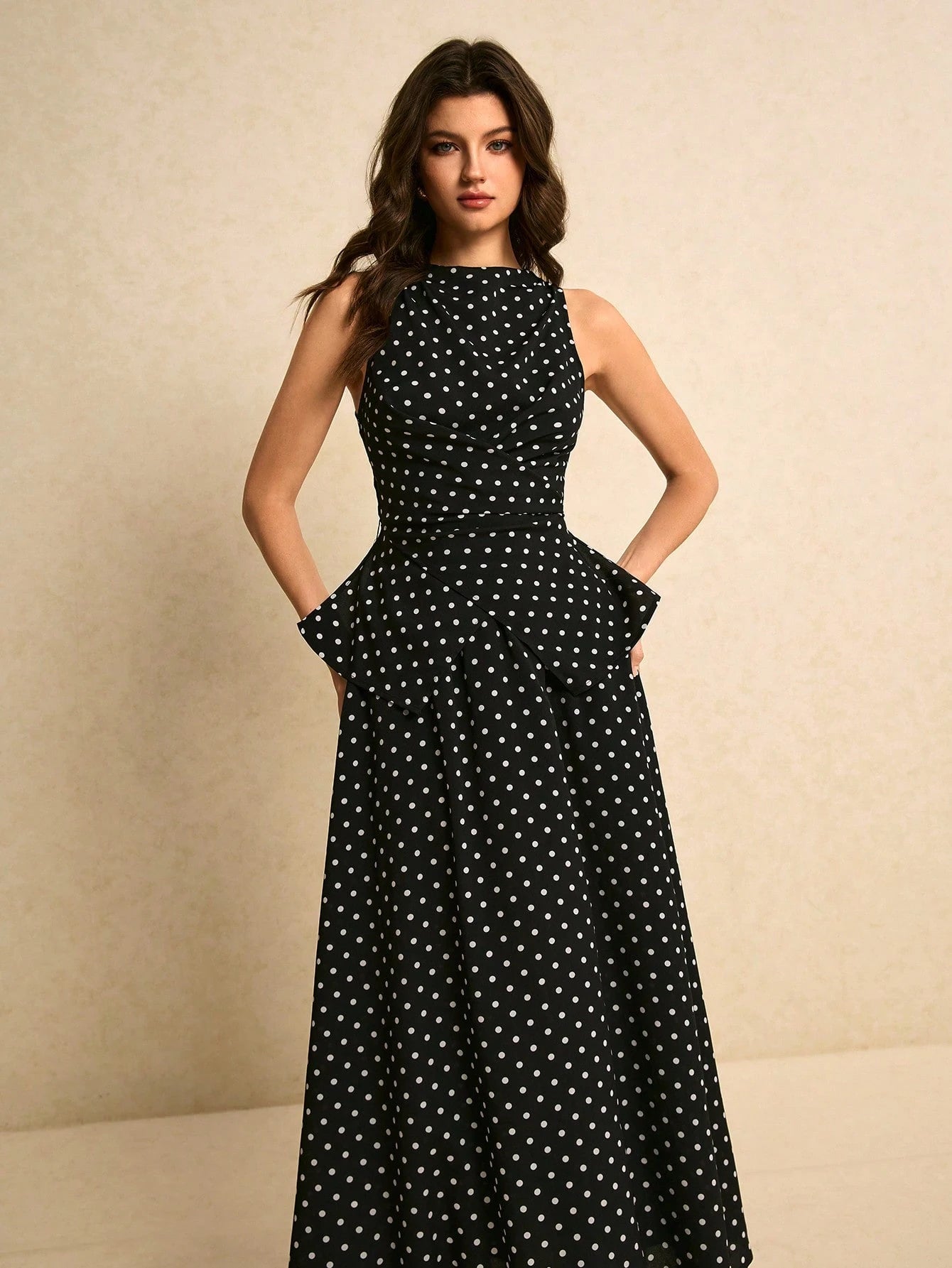 SHEIN Poéselle Women's Polka Dot Print Asymmetric Hem Sleeveless Top And Skirt Elegant 2 Pieces Set Spring Polkadot Two Pieces Black Date Night