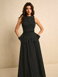 SHEIN Poéselle Women's Polka Dot Print Asymmetric Hem Sleeveless Top And Skirt Elegant 2 Pieces Set Spring Polkadot Two Pieces Black Date Night