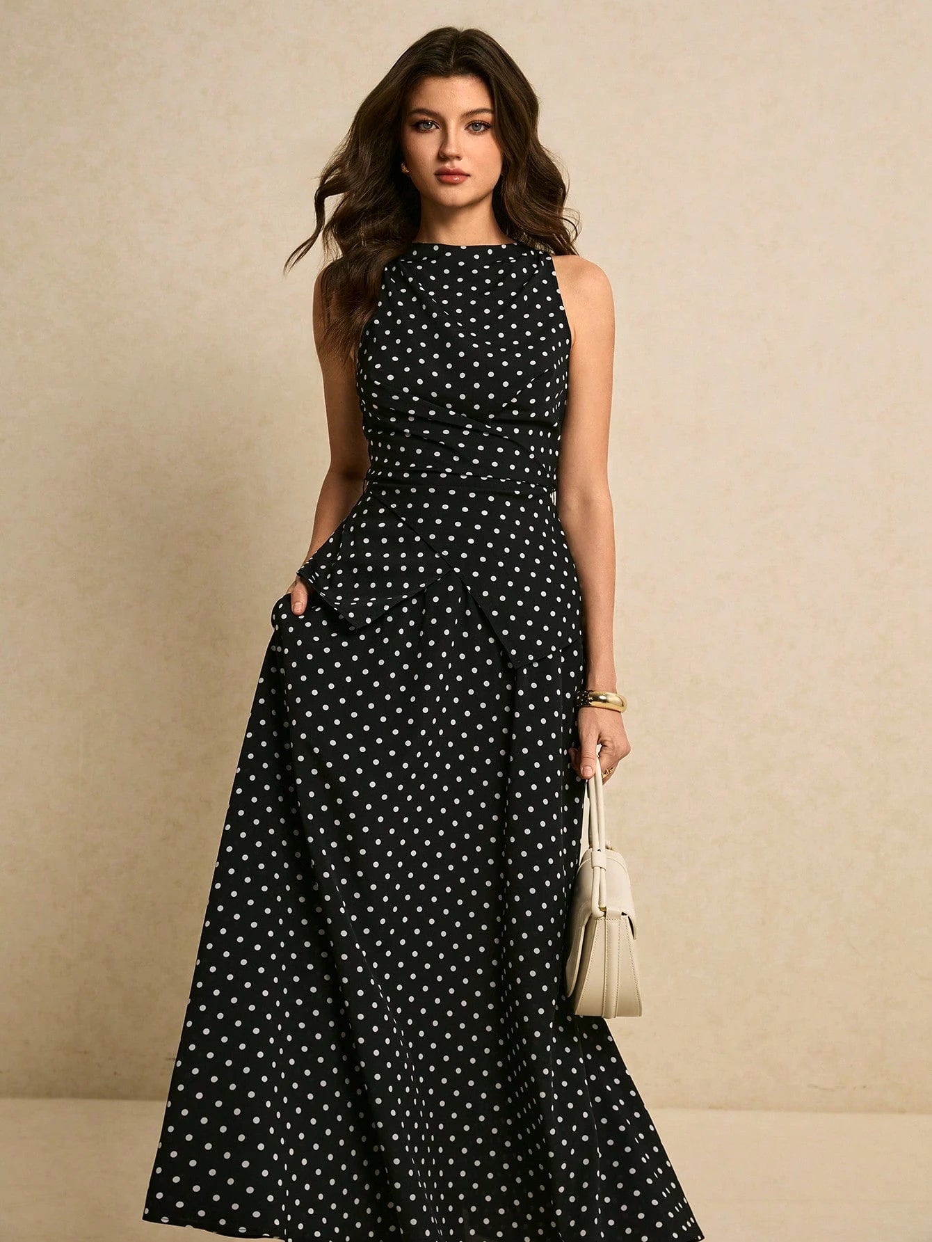 SHEIN Poéselle Women's Polka Dot Print Asymmetric Hem Sleeveless Top And Skirt Elegant 2 Pieces Set Spring Polkadot Two Pieces Black Date Night