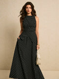 SHEIN Poéselle Women's Polka Dot Print Asymmetric Hem Sleeveless Top And Skirt Elegant 2 Pieces Set Spring Polkadot Two Pieces Black Date Night