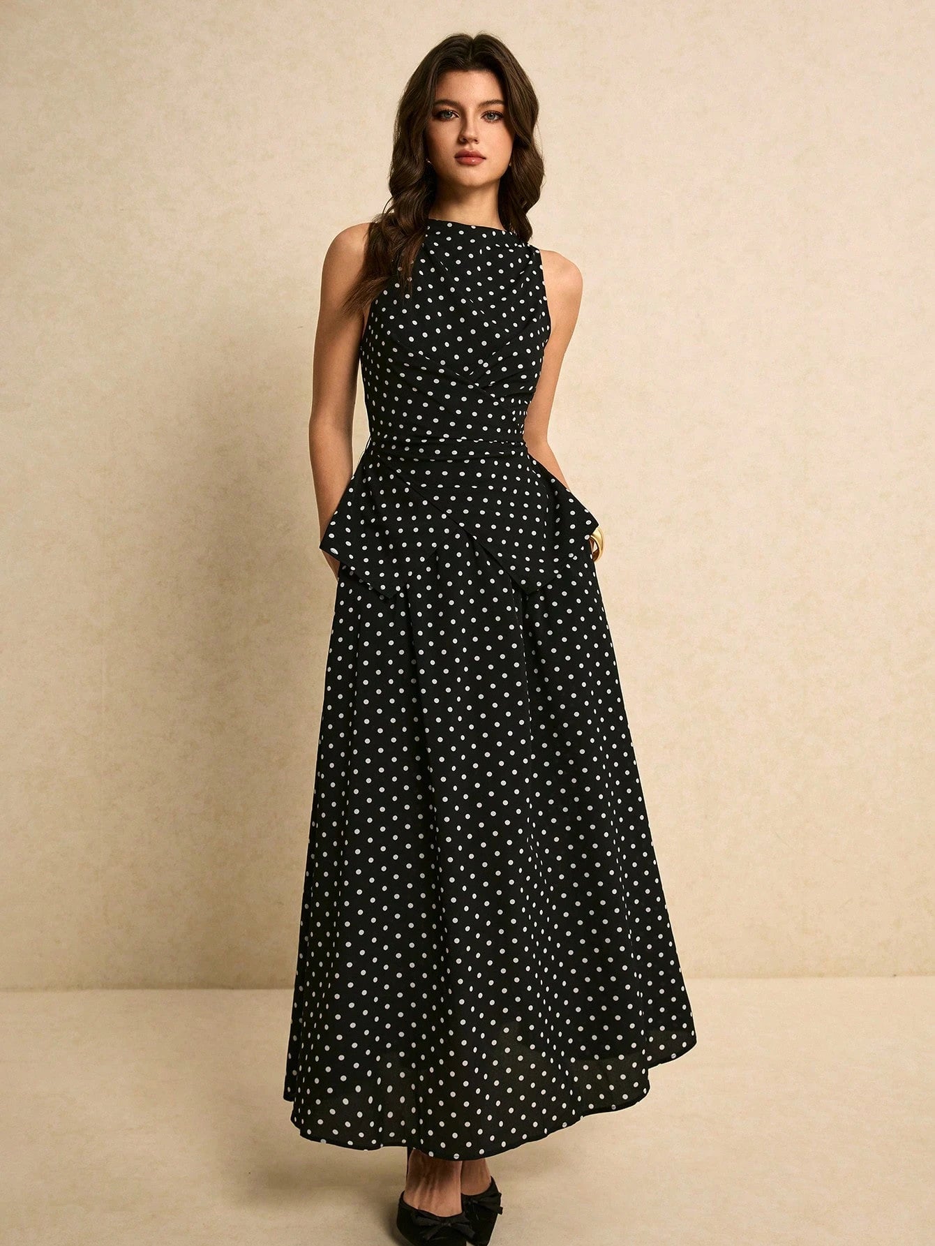 SHEIN Poéselle Women's Polka Dot Print Asymmetric Hem Sleeveless Top And Skirt Elegant 2 Pieces Set Spring Polkadot Two Pieces Black Date Night