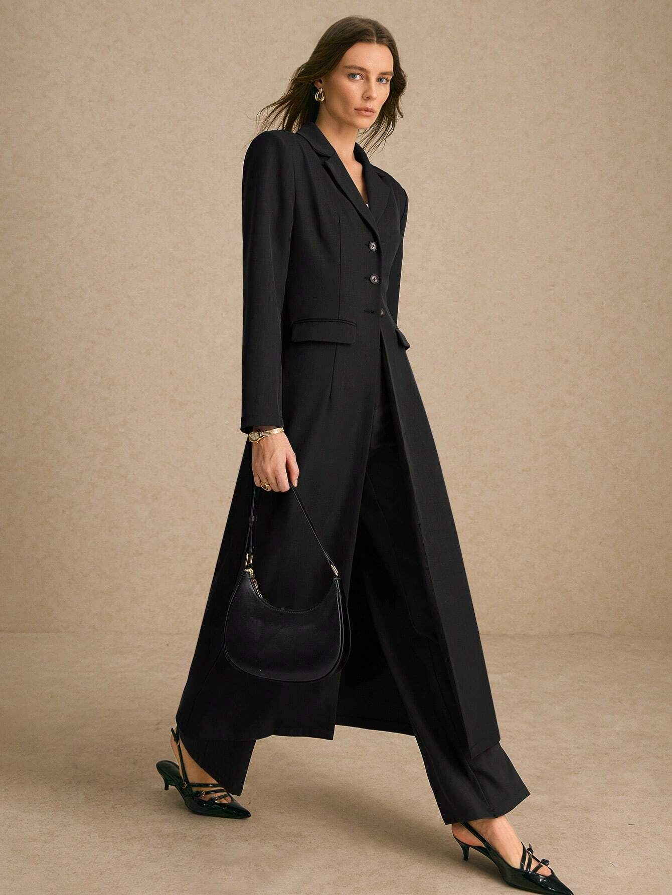 SHEIN Poéselle Women's Single-Breasted Wide Strap Slimming Both Sides Real Pockets Long Sleeve Long Blazer