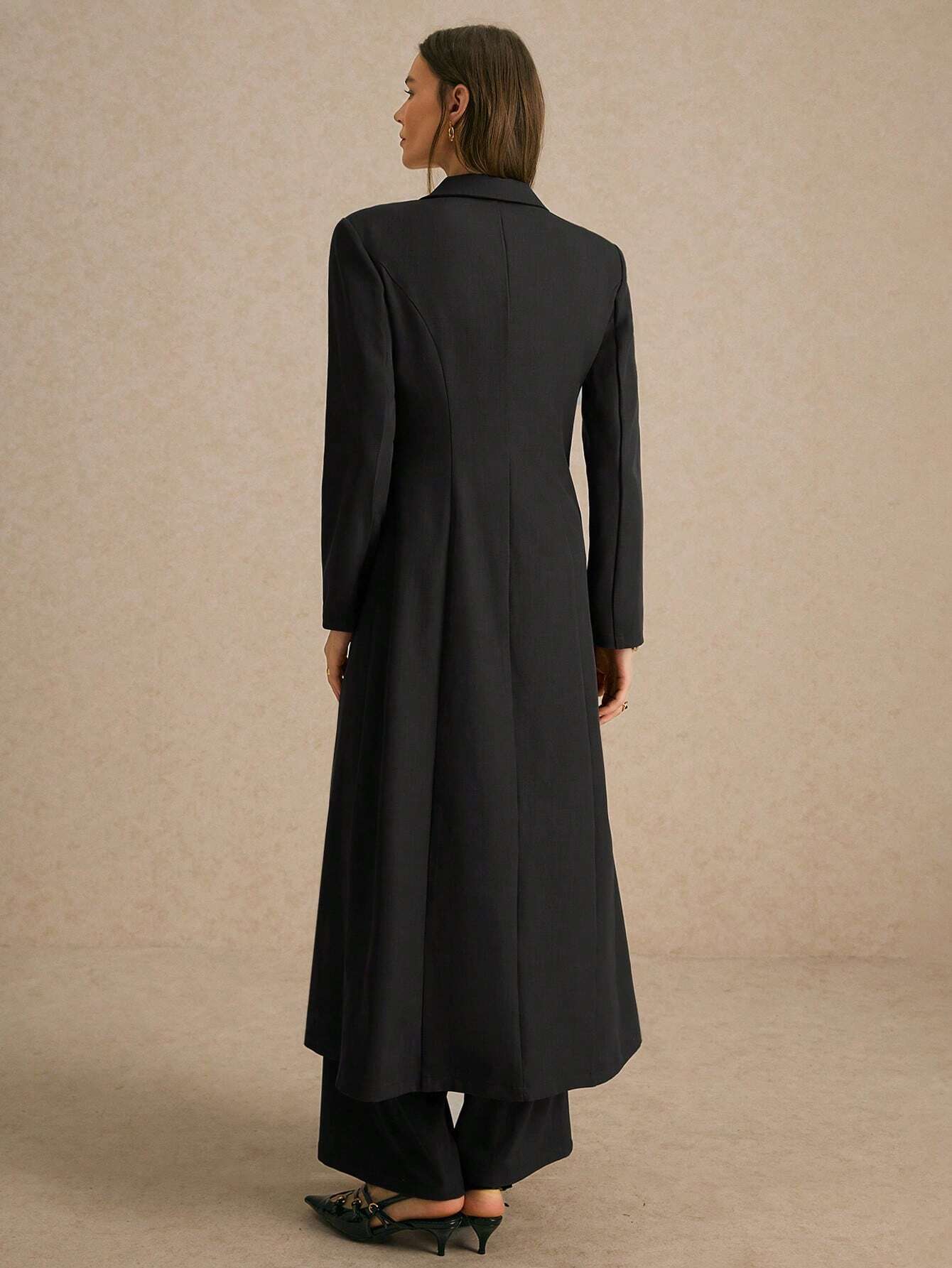 SHEIN Poéselle Women's Single-Breasted Wide Strap Slimming Both Sides Real Pockets Long Sleeve Long Blazer