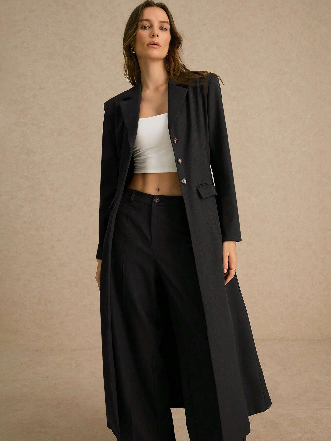 SHEIN Poéselle Women's Single-Breasted Wide Strap Slimming Both Sides Real Pockets Long Sleeve Long Blazer