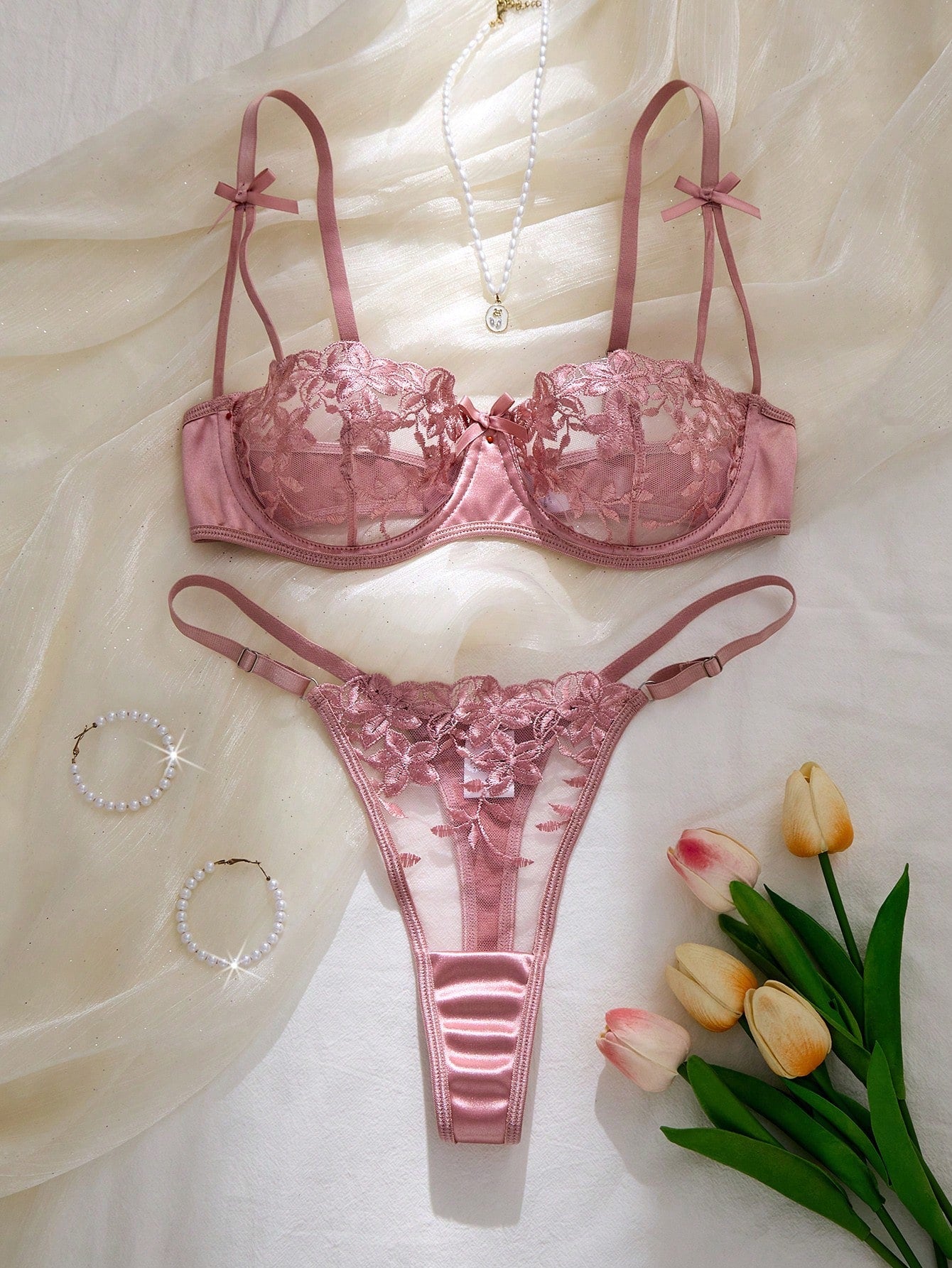 SHEIN QuietHaus 2pcs Dusty Pink Floral Embroidery Lingerie Set For Women Wedding Guest Summer