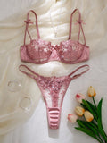 SHEIN QuietHaus 2pcs Dusty Pink Floral Embroidery Lingerie Set For Women Wedding Guest Summer