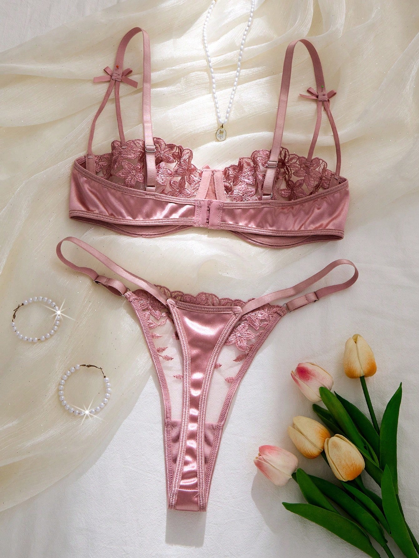 SHEIN QuietHaus 2pcs Dusty Pink Floral Embroidery Lingerie Set For Women Wedding Guest Summer