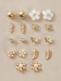 SHEIN RINTOLER 9pairs/Set Japanese & Korean Unconventional Design Pearl & Flower & Geometric Shape Earrings