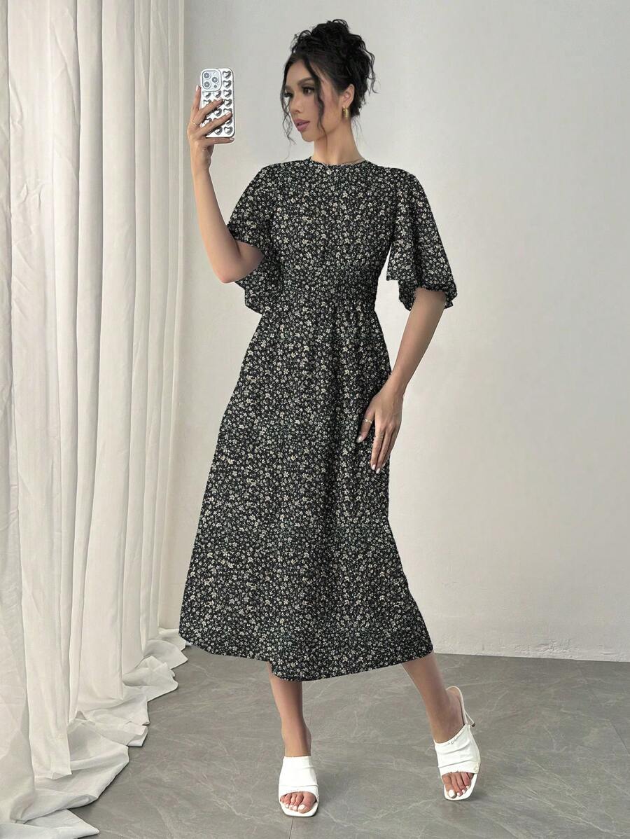 SHEIN Rafferiza Blue Romantic Vacation Dress, Round Neck, Ruffle Short | Dress