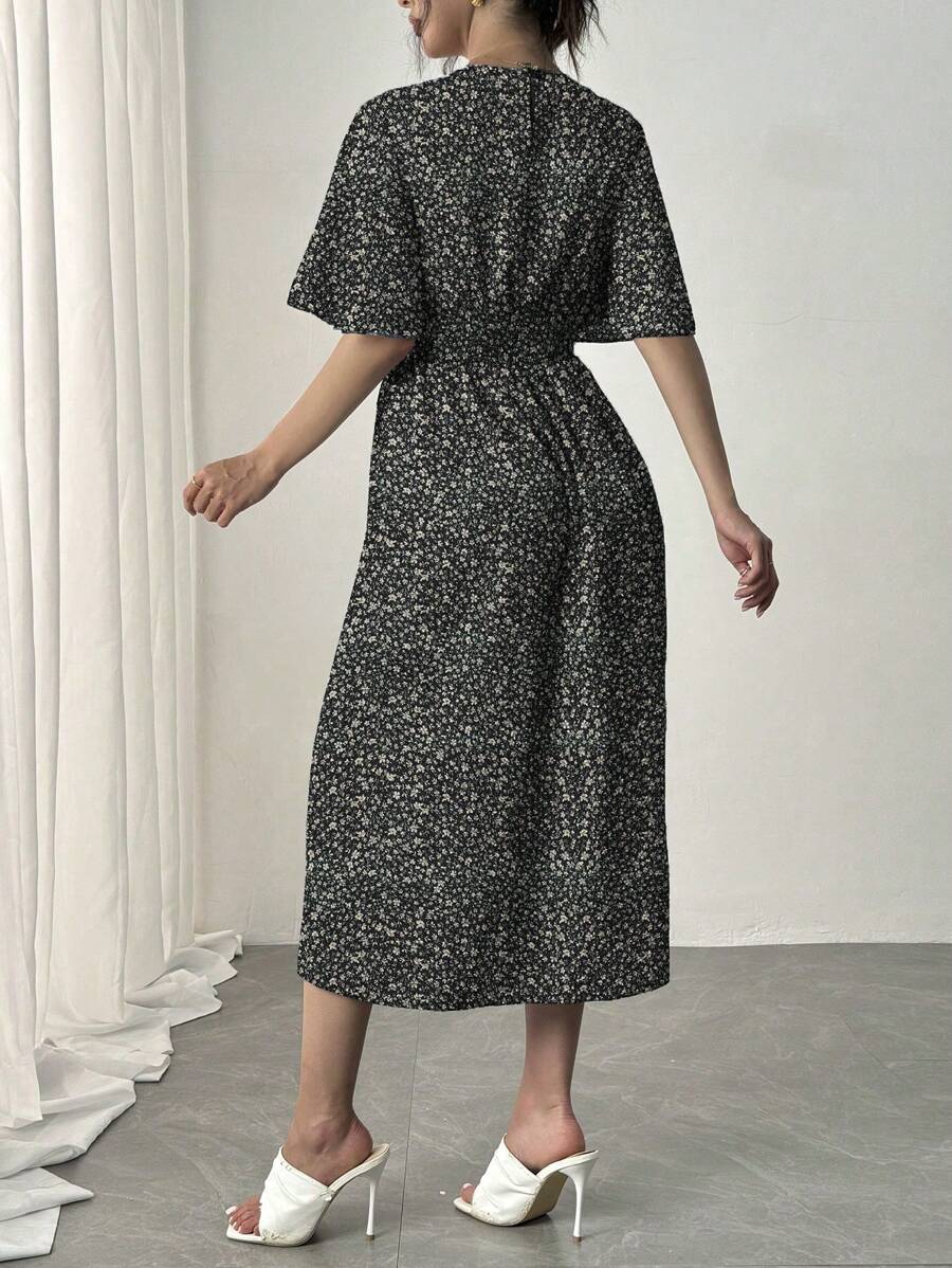  | SHEIN Rafferiza Blue Romantic Vacation Dress, Round Neck, Ruffle Short Sleeves, Ditsy Floral, Cinched Waist, Flared Hem, Casual Midi Dress Maxi Women Outfit | Dress | Shein | OneHub