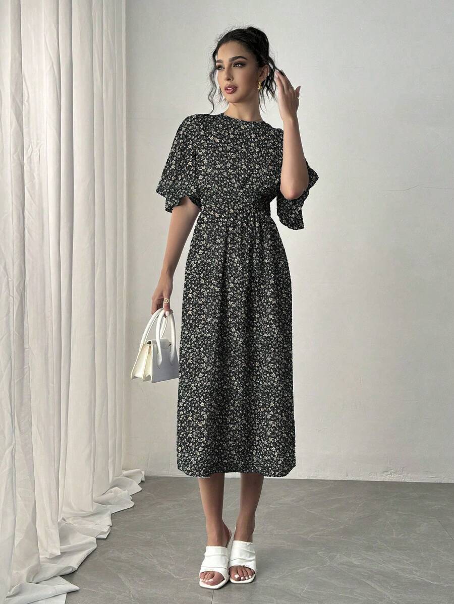 SHEIN Rafferiza Blue Romantic Vacation Dress, Round Neck, Ruffle Short | Dress