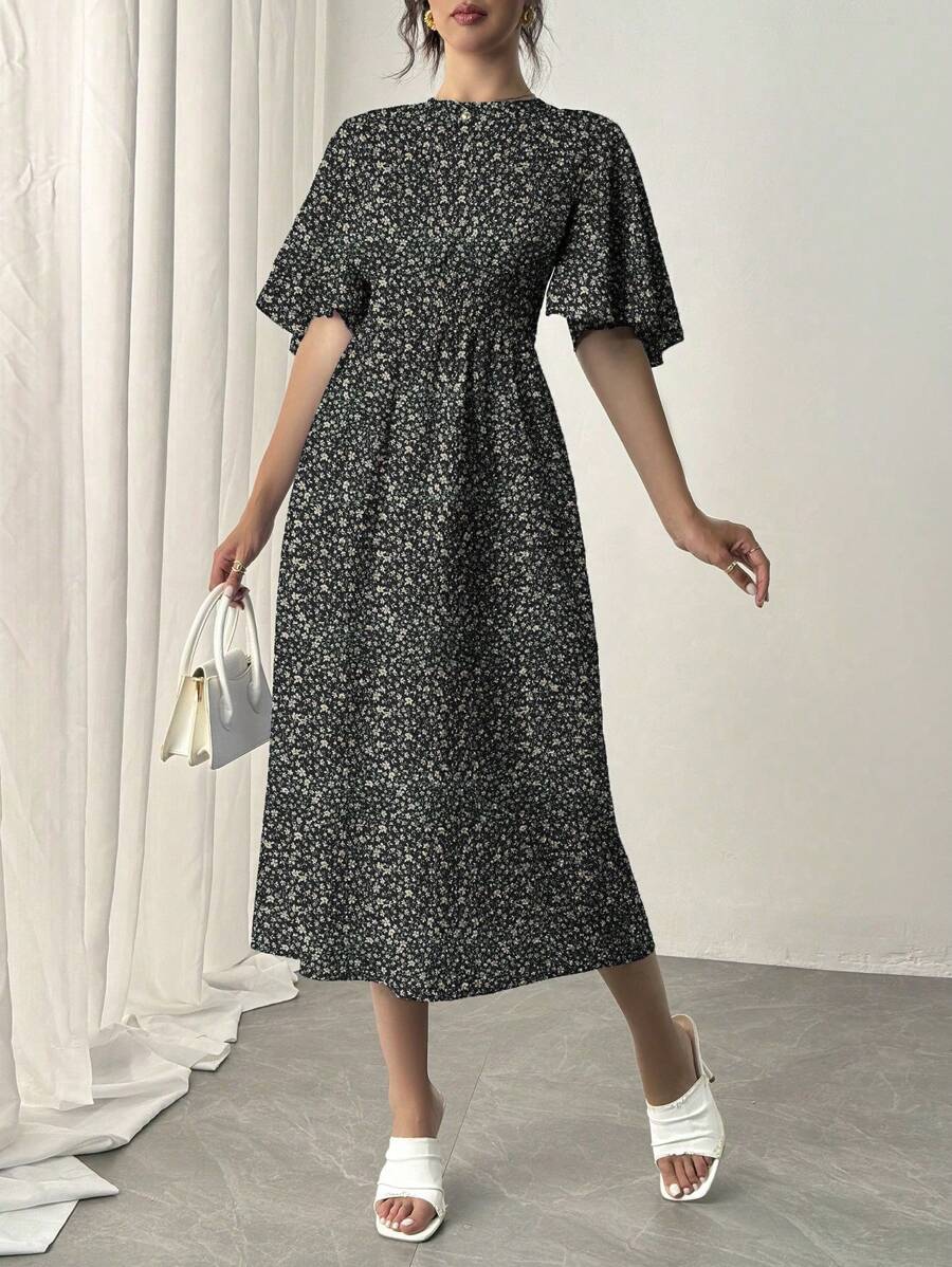 SHEIN Rafferiza Blue Romantic Vacation Dress, Round Neck, Ruffle Short | Dress
