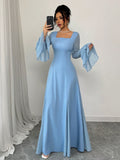 SHEIN Rafferiza Blue Square Neck Double-Layer Ruffle Cuff Maxi Swing Dress For Women