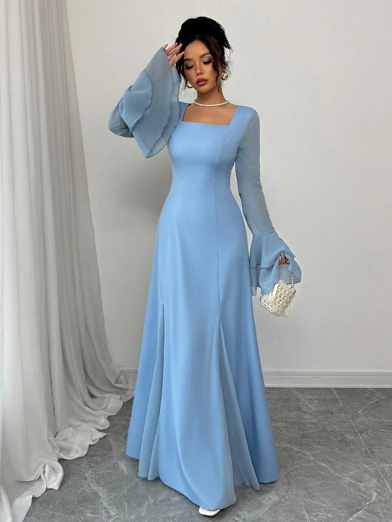  | SHEIN Rafferiza Blue Square Neck Double-Layer Ruffle Cuff Maxi Swing Dress For Women | Dress | Shein | OneHub