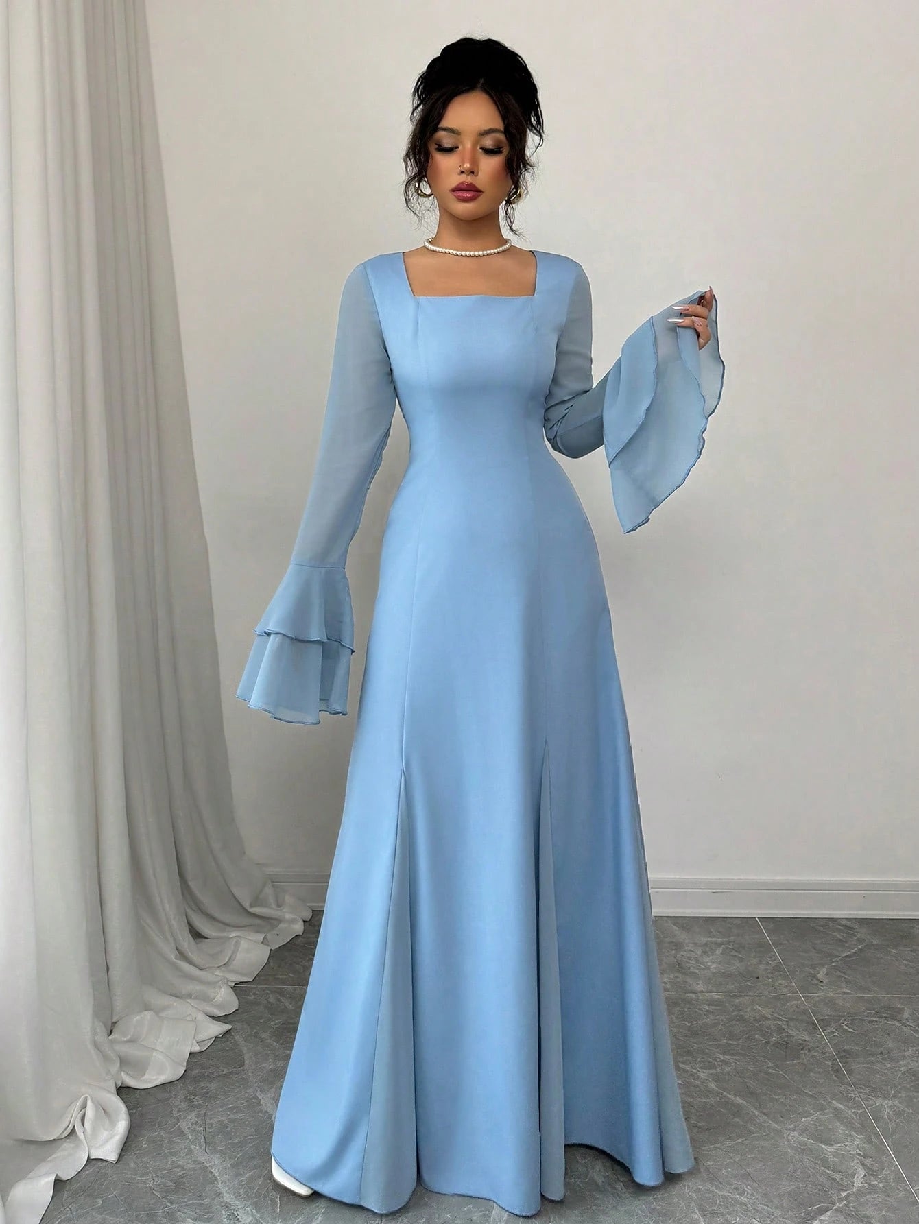 SHEIN Rafferiza Blue Square Neck Double-Layer Ruffle Cuff Maxi Swing D | Dress