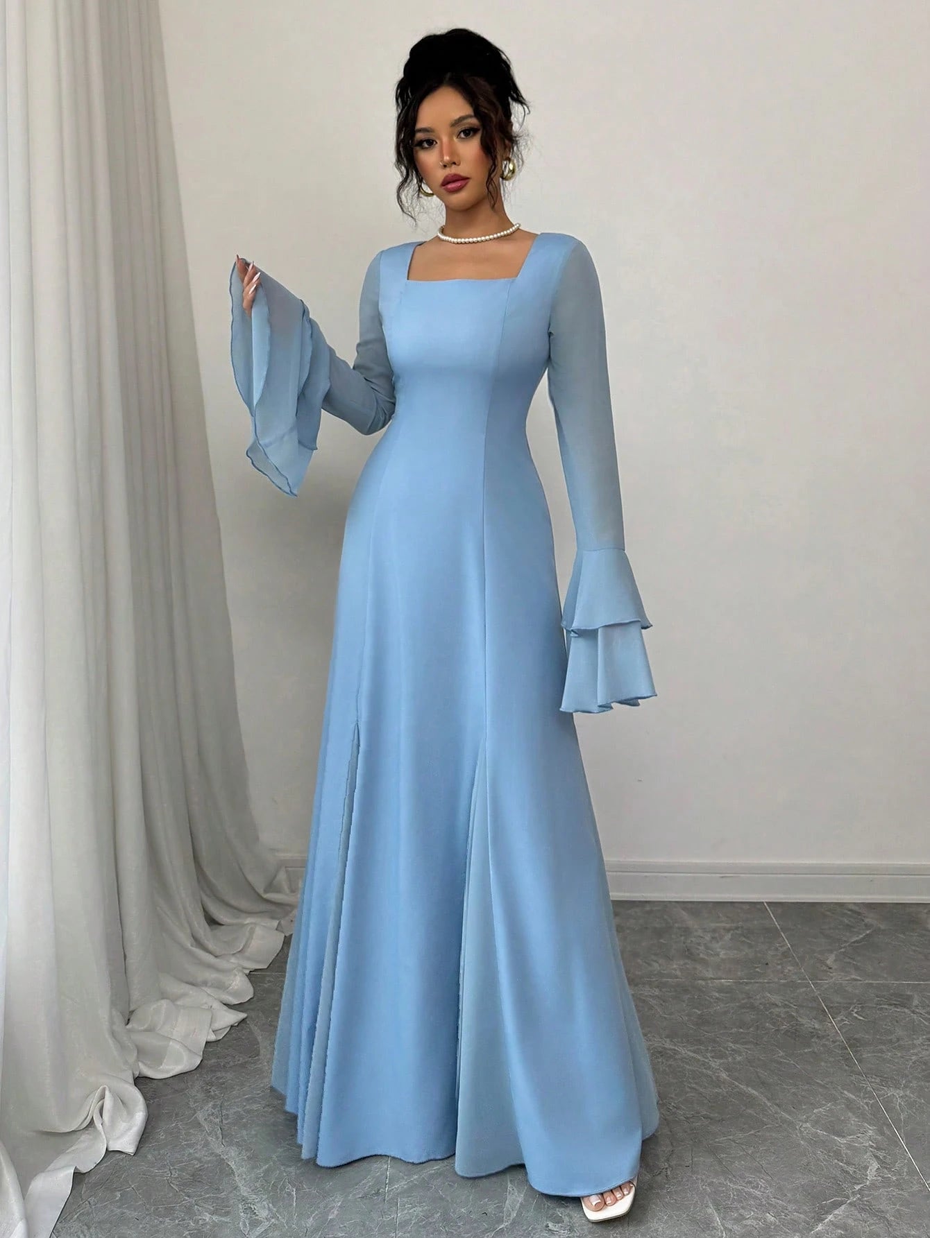  | SHEIN Rafferiza Blue Square Neck Double-Layer Ruffle Cuff Maxi Swing Dress For Women | Dress | Shein | OneHub