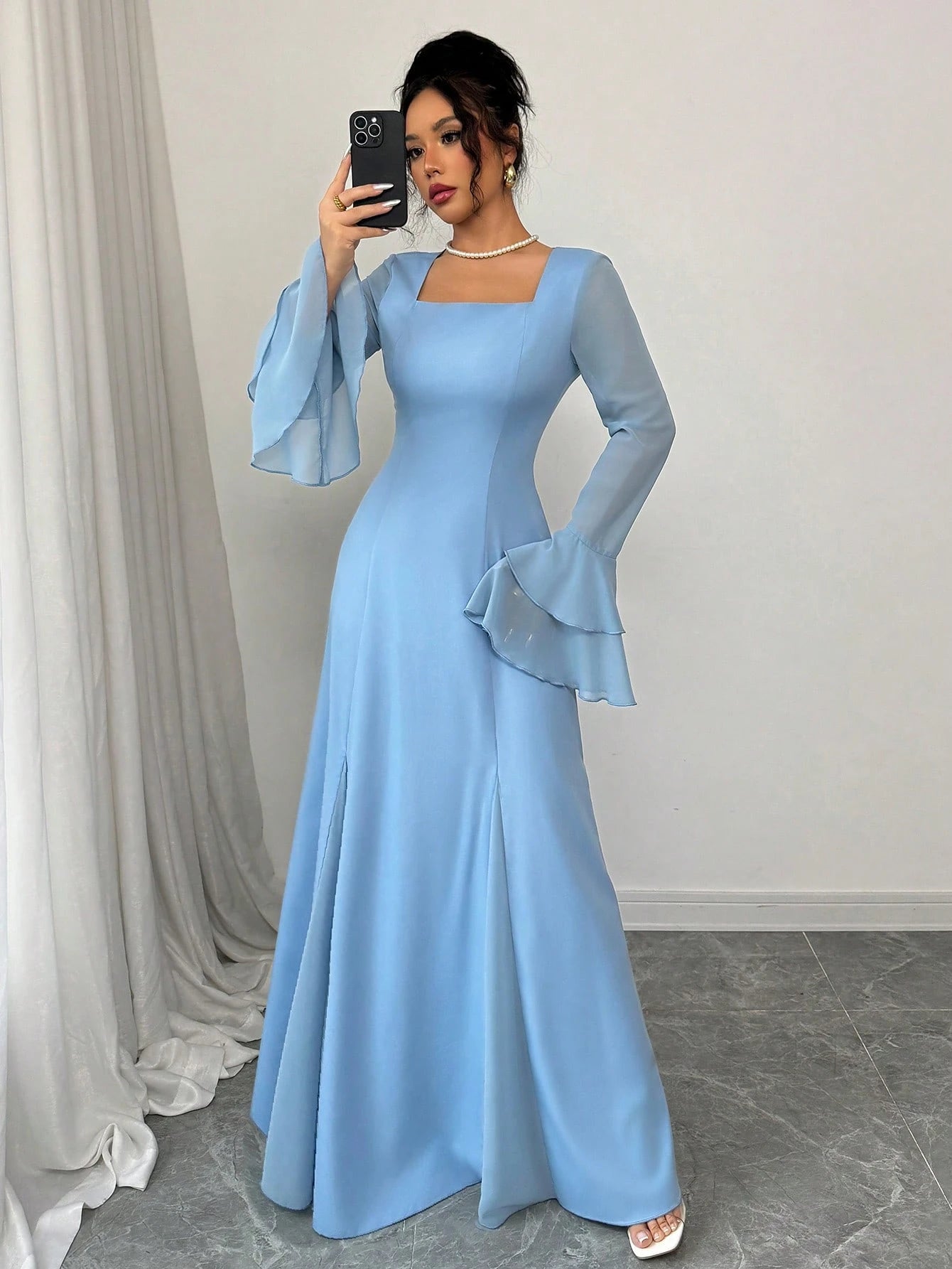  | SHEIN Rafferiza Blue Square Neck Double-Layer Ruffle Cuff Maxi Swing Dress For Women | Dress | Shein | OneHub