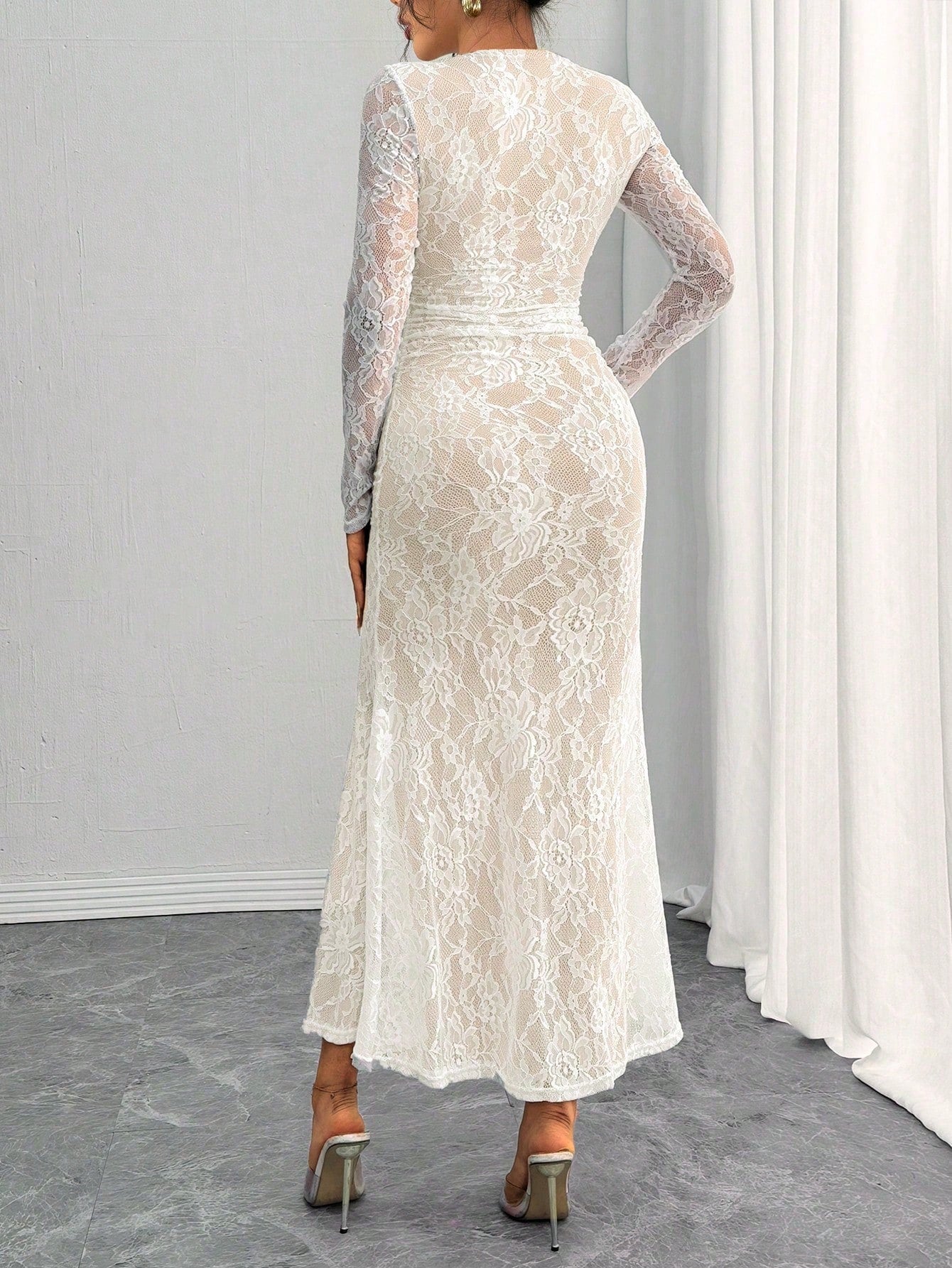 shein lace white dress SHEIN Teen Girl Elegant White Round Neck Lace Fabric Puff Sleeve Flowy Long Dress, Suitable For Teens And Parties, Wedding Season
