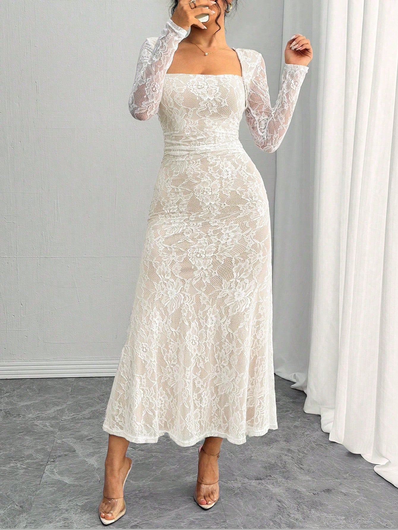 SHEIN Rafferiza Elegant Bodycon U-Neck Long Sleeve White Lace Mermaid Hem White Dress For Women, Autumn/Winter Maxi Women Outfit Fall Cloth For Women