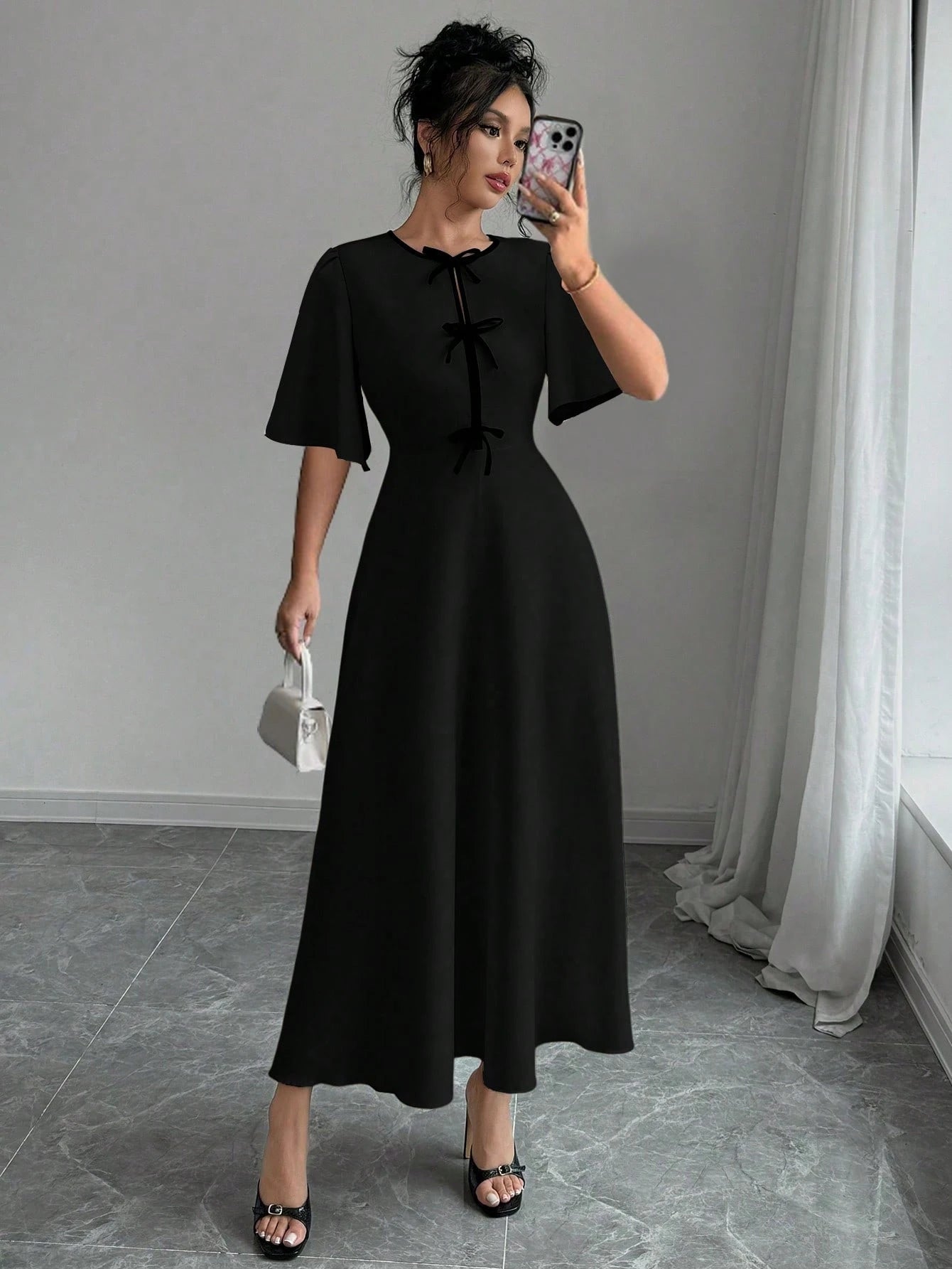 SHEIN Rafferiza Elegant Color-Block Bow Decor Round Neck Waist Cinched |  Dress