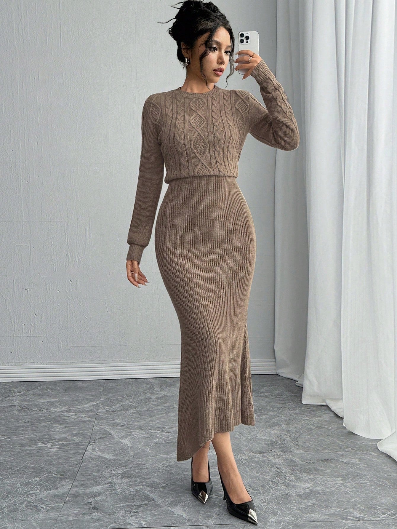 SHEIN Rafferiza Fitted Round Neck Long Sleeve Warm Cable Knit Mermaid | Dress | OneHub SHEIN Rafferiza Fitted Round Neck Long Sleeve Warm Cable Knit Mermaid | Dress | OneHub