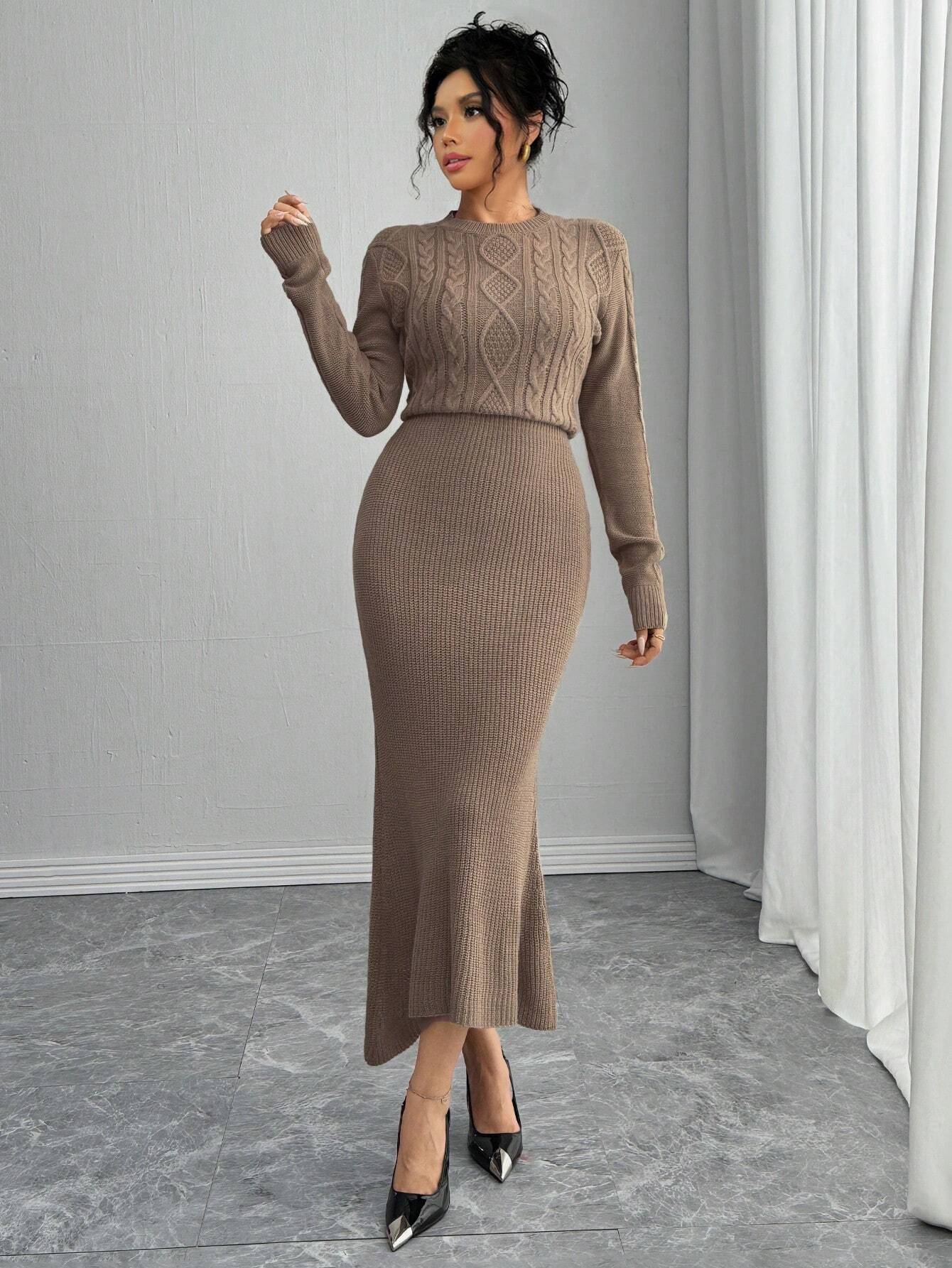 SHEIN Rafferiza Fitted Round Neck Long Sleeve Warm Cable Knit Mermaid | Dress | OneHub SHEIN Rafferiza Fitted Round Neck Long Sleeve Warm Cable Knit Mermaid | Dress | OneHub