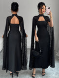 SHEIN Rafferiza Women's Elegant Cape Dress, Black Lace Holiday Long Dress Fall Cloth For Women
