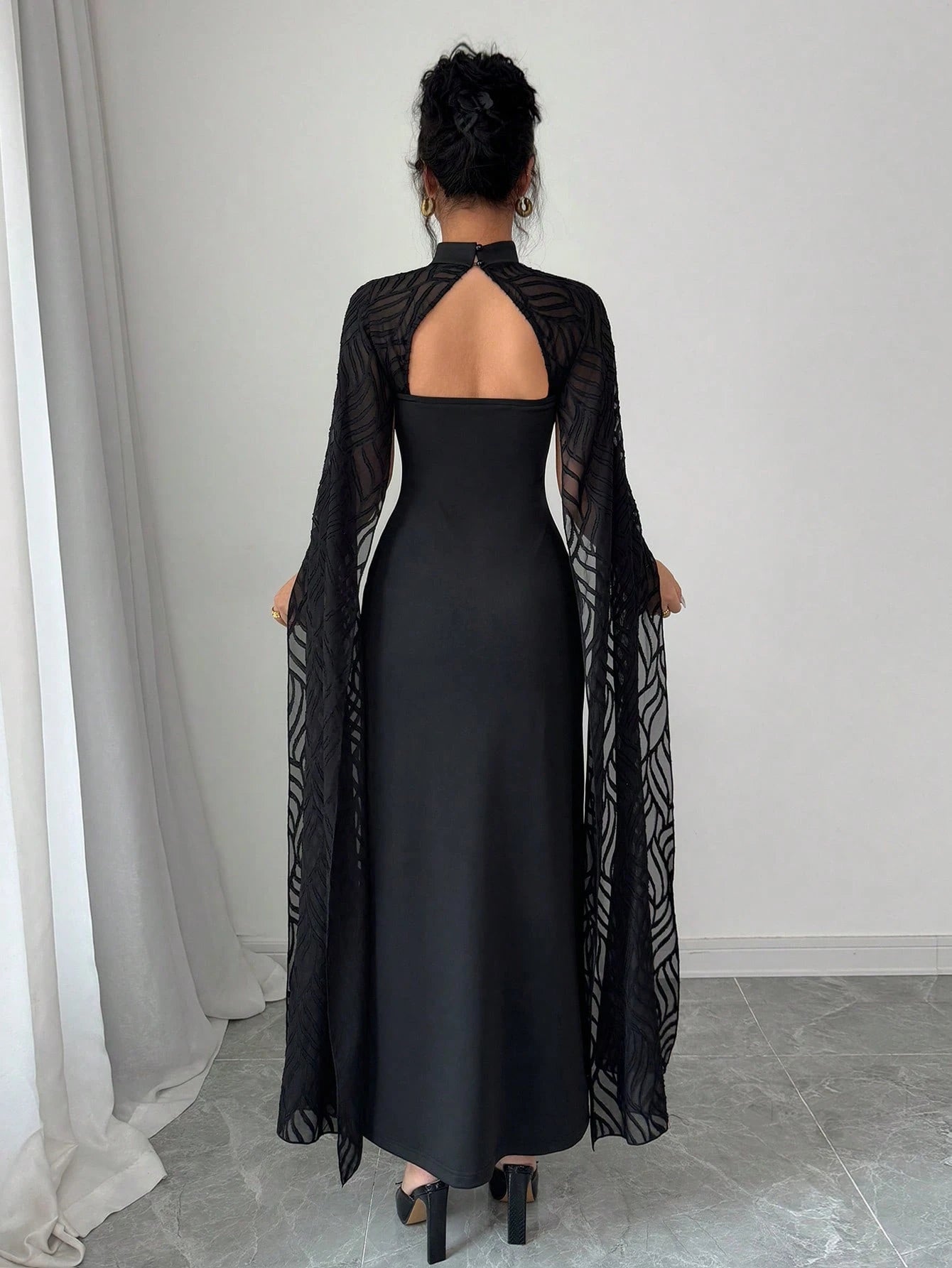 SHEIN Rafferiza Women's Elegant Cape Dress, Black Lace Holiday Long Dress Fall Cloth For Women