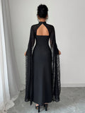 SHEIN Rafferiza Women's Elegant Cape Dress, Black Lace Holiday Long Dress Fall Cloth For Women