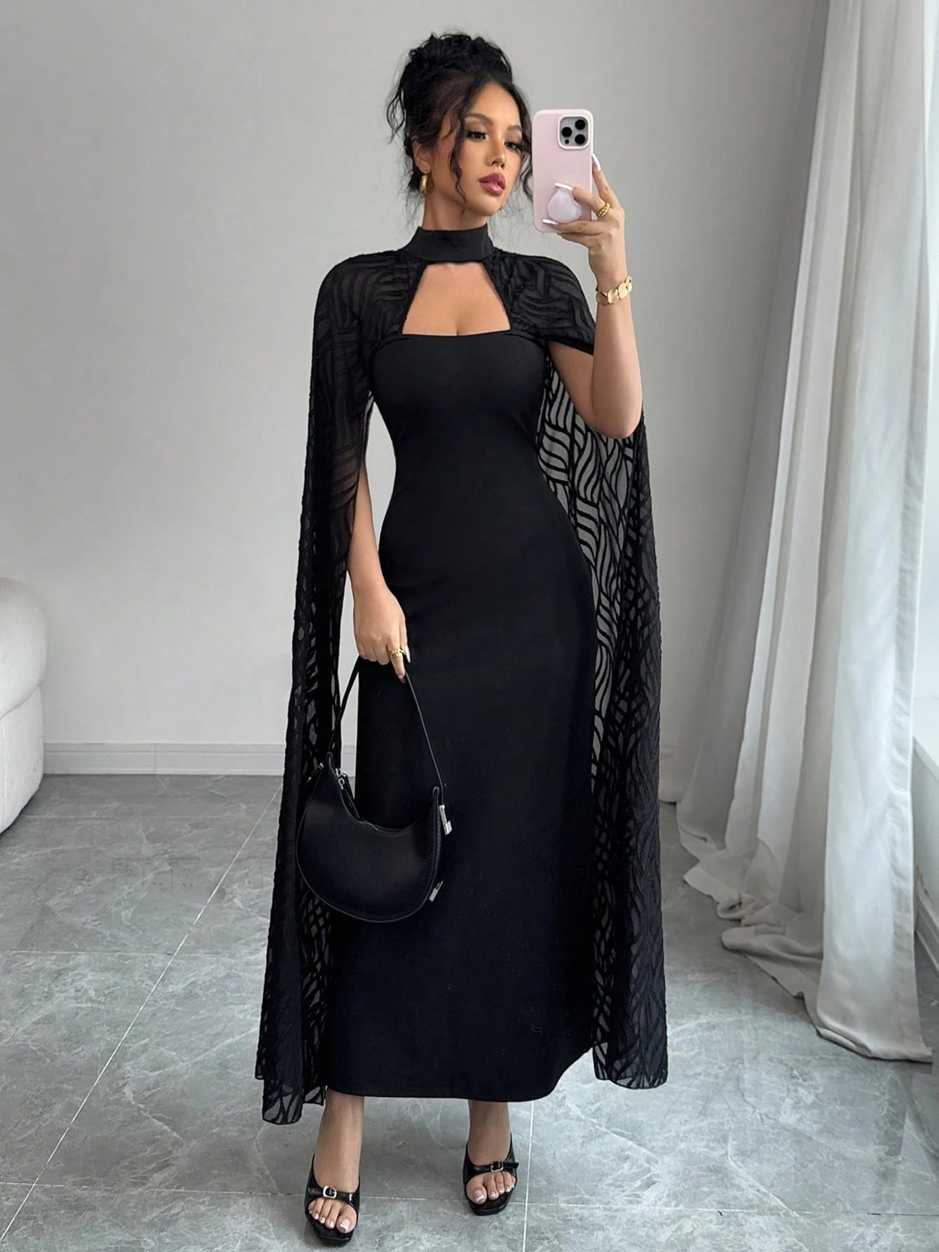 SHEIN Rafferiza Women's Elegant Cape Dress, Black Lace Holiday Long Dress Fall Cloth For Women
