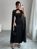 SHEIN Rafferiza Women's Elegant Cape Dress, Black Lace Holiday Long Dress Fall Cloth For Women