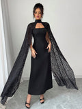 SHEIN Rafferiza Women's Elegant Cape Dress, Black Lace Holiday Long Dress Fall Cloth For Women