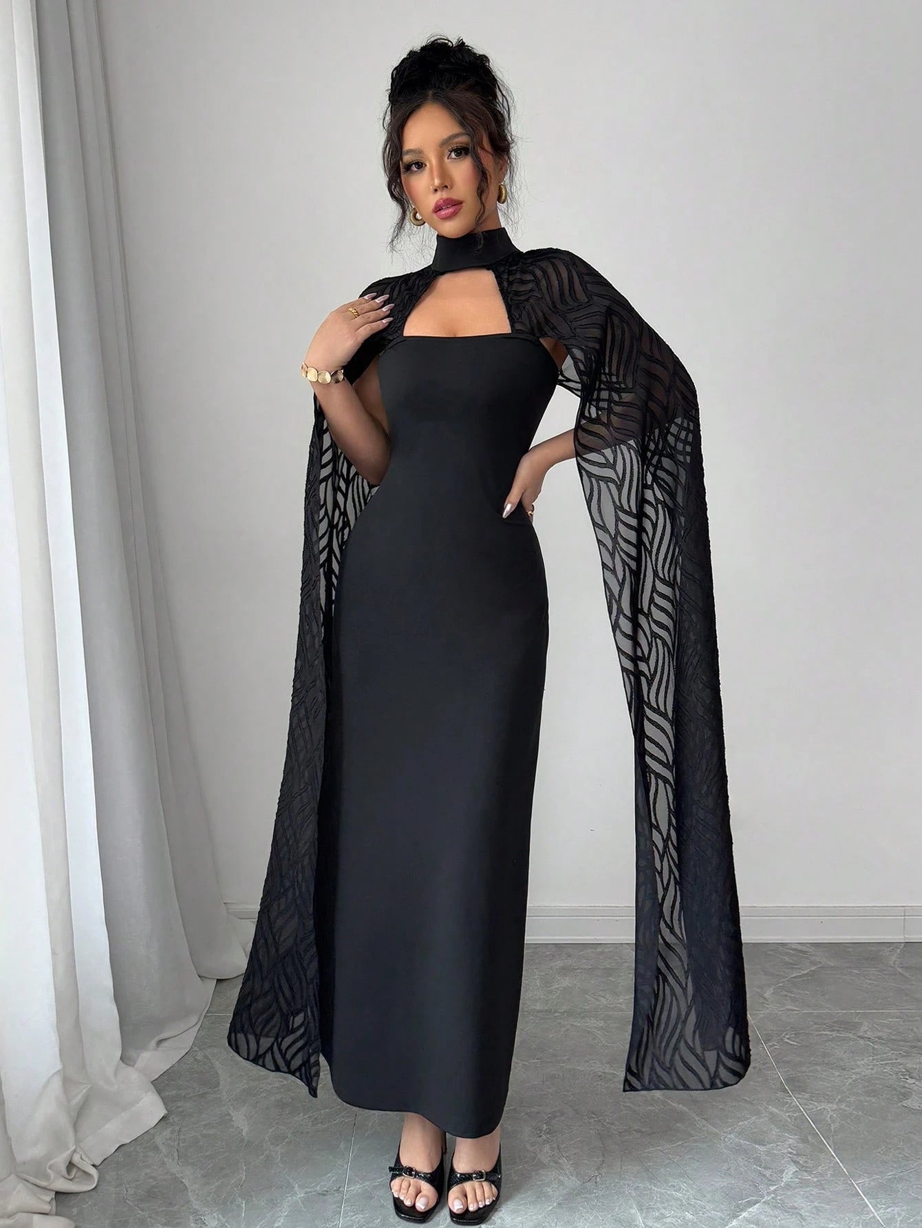 SHEIN Rafferiza Women's Elegant Cape Dress, Black Lace Holiday Long Dress Fall Cloth For Women