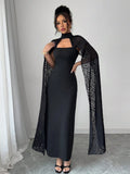 SHEIN Rafferiza Women's Elegant Cape Dress, Black Lace Holiday Long Dress Fall Cloth For Women