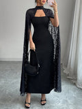 SHEIN Rafferiza Women's Elegant Cape Dress, Black Lace Holiday Long Dress Fall Cloth For Women