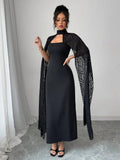 SHEIN Rafferiza Women's Elegant Cape Dress, Black Lace Holiday Long Dress Fall Cloth For Women