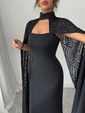 SHEIN Rafferiza Women's Elegant Cape Dress, Black Lace Holiday Long Dress Fall Cloth For Women