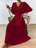 SHEIN Rafferiza Women's Textured Waist-Cinching Batwing Sleeve Dress Burgundy Maxi Women Outfit