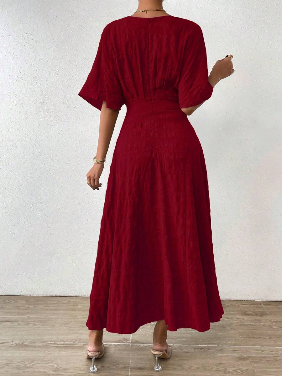  | SHEIN Rafferiza Women's Textured Waist-Cinching Batwing Sleeve Dress Burgundy Maxi Women Outfit | Dress | Shein | OneHub