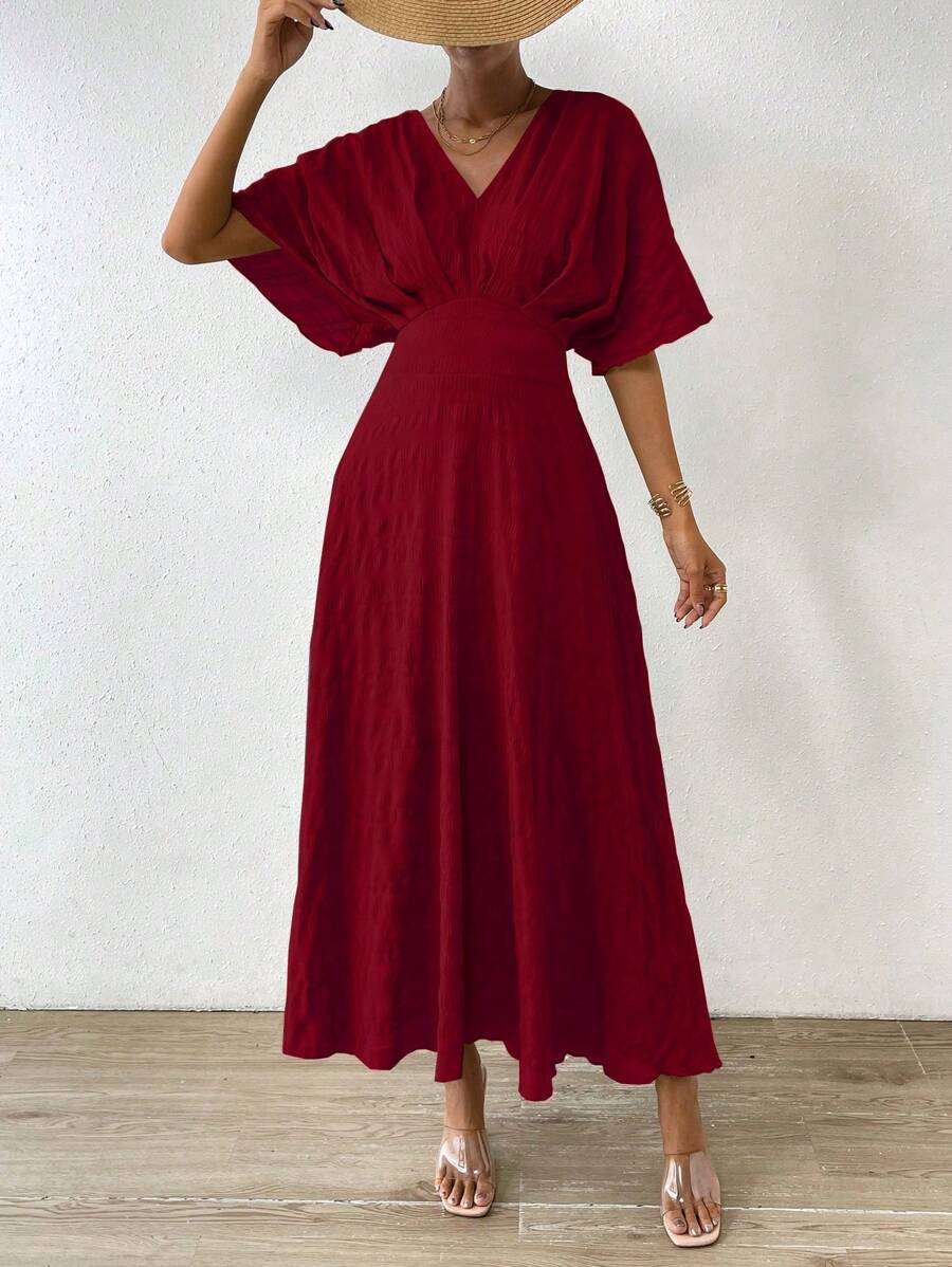  | SHEIN Rafferiza Women's Textured Waist-Cinching Batwing Sleeve Dress Burgundy Maxi Women Outfit | Dress | Shein | OneHub