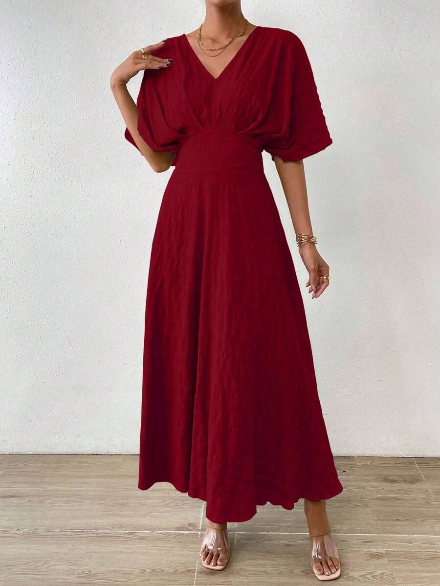  | SHEIN Rafferiza Women's Textured Waist-Cinching Batwing Sleeve Dress Burgundy Maxi Women Outfit | Dress | Shein | OneHub