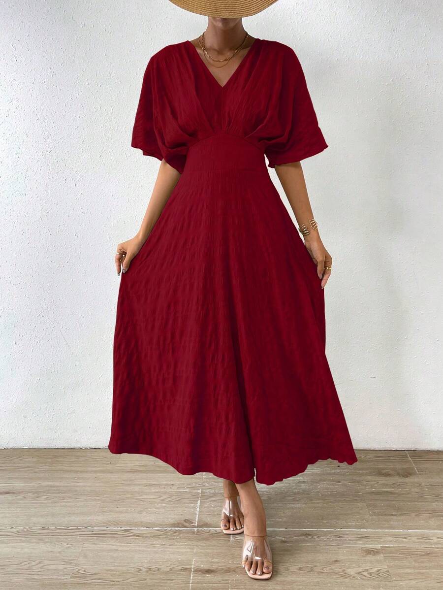  | SHEIN Rafferiza Women's Textured Waist-Cinching Batwing Sleeve Dress Burgundy Maxi Women Outfit | Dress | Shein | OneHub