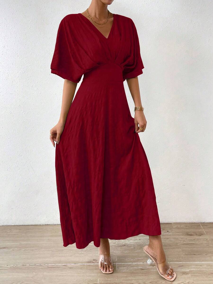  | SHEIN Rafferiza Women's Textured Waist-Cinching Batwing Sleeve Dress Burgundy Maxi Women Outfit | Dress | Shein | OneHub